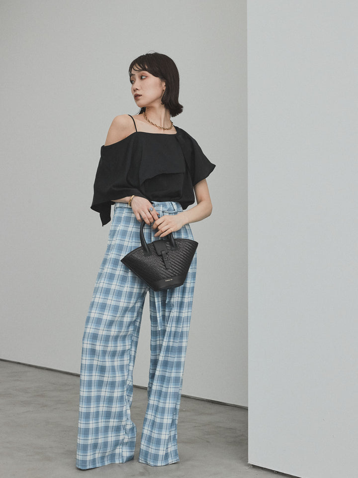 [SET]ワンショルラッフルブラウス+チェック柄ワイドパンツ(2set)