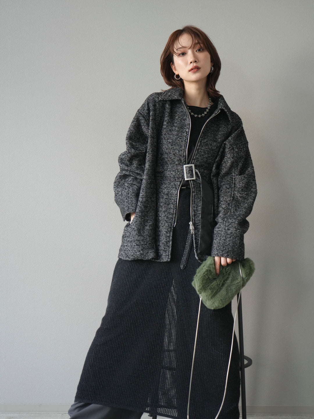 [予約]メッシュ切替ノースリーニットワンピース/darkgray