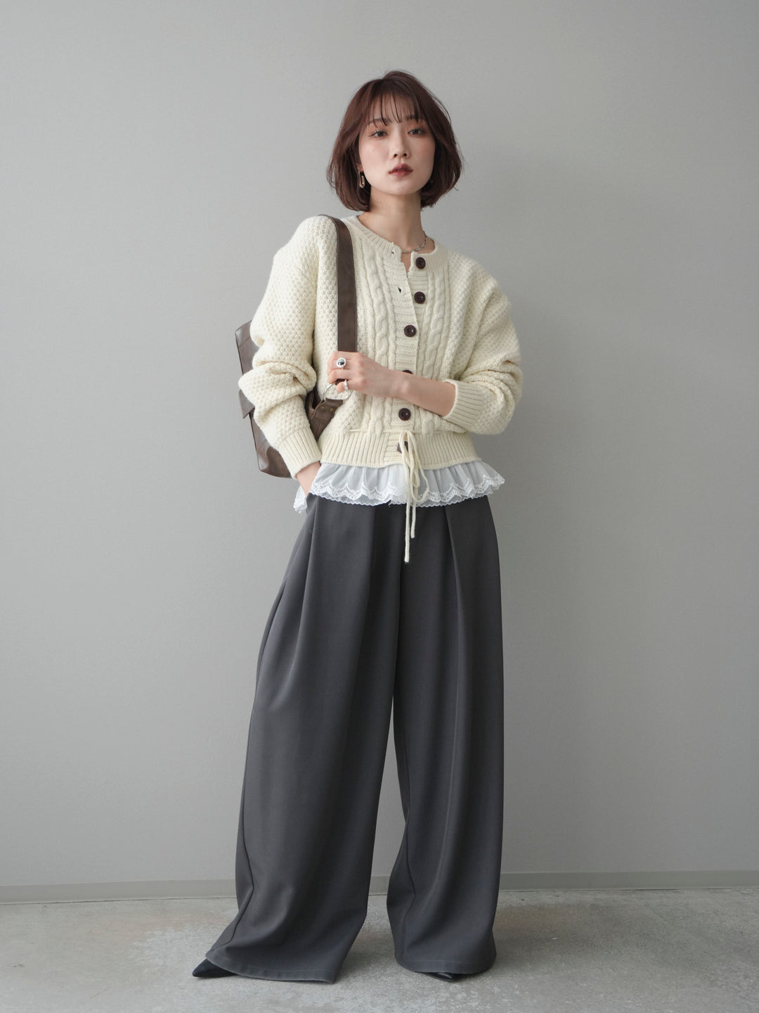 [SET]裾レースケーブルニットカーディガン+ベルトループデザインワイドパンツ(2set)