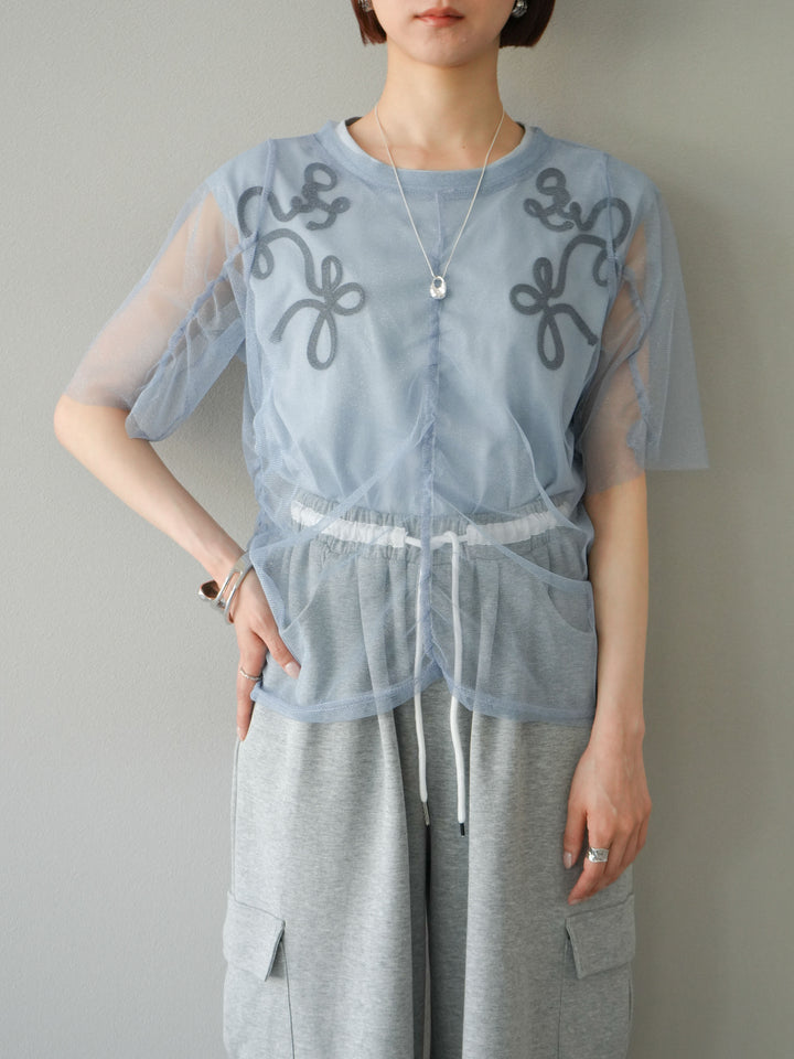 [SET]ラメチュールシャーリングプルオーバー+コード刺繍フレンチスリーブTシャツ(2set)