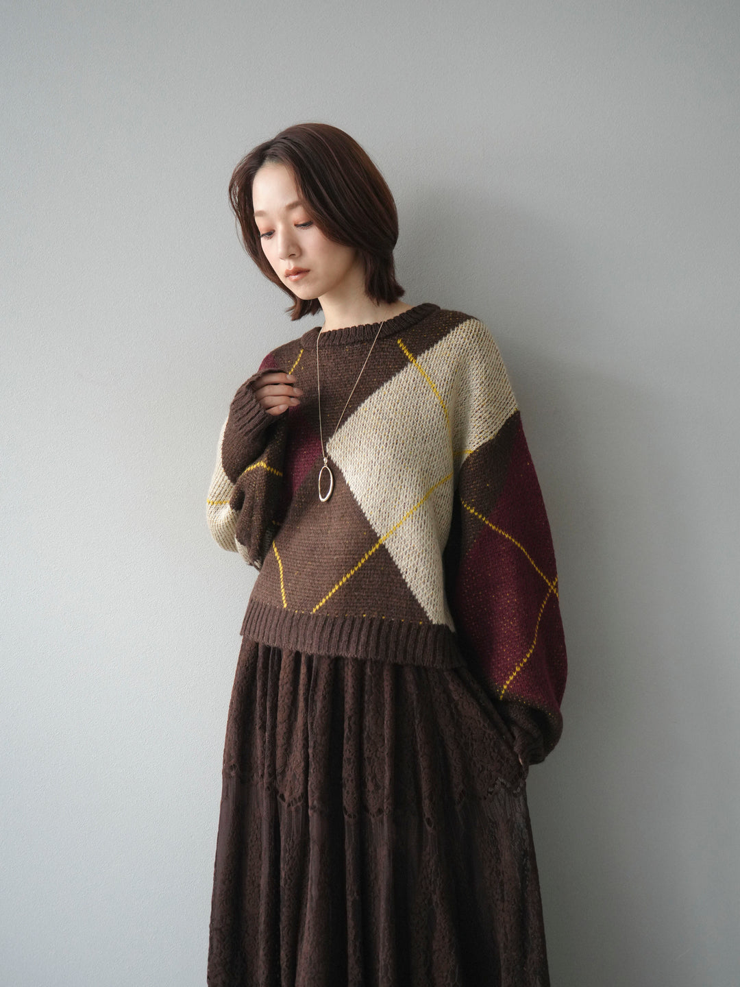 [SET]配色ステッチアーガイル柄ニットプルオーバー+ヴィンテージライクメッシュレーススカート(2set)