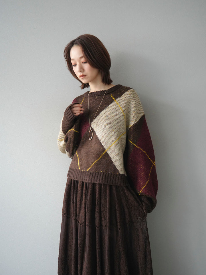 [SET]配色ステッチアーガイル柄ニットプルオーバー+ヴィンテージライクメッシュレーススカート(2set)