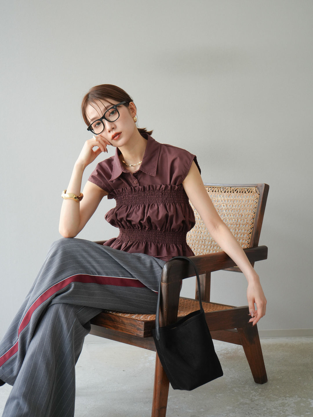 [予約]サイドラインストライプワイドパンツ/グレー