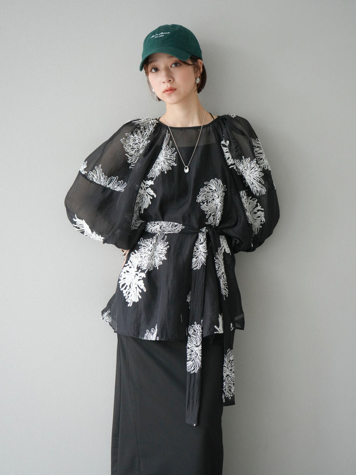 [SET]刺繍シアーバルーンスリーブブラウス+スウェットロングスカート(2set)