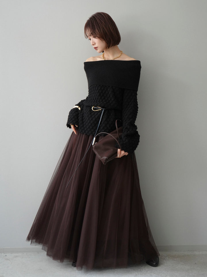 [SET]ポコポコ編みオフショルニットプルオーバー+チュールボリュームスカート(2set)