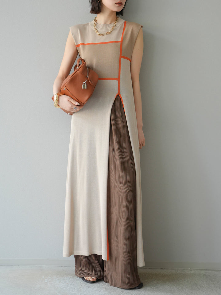 [予約]配色スリットニットワンピース/ベージュ