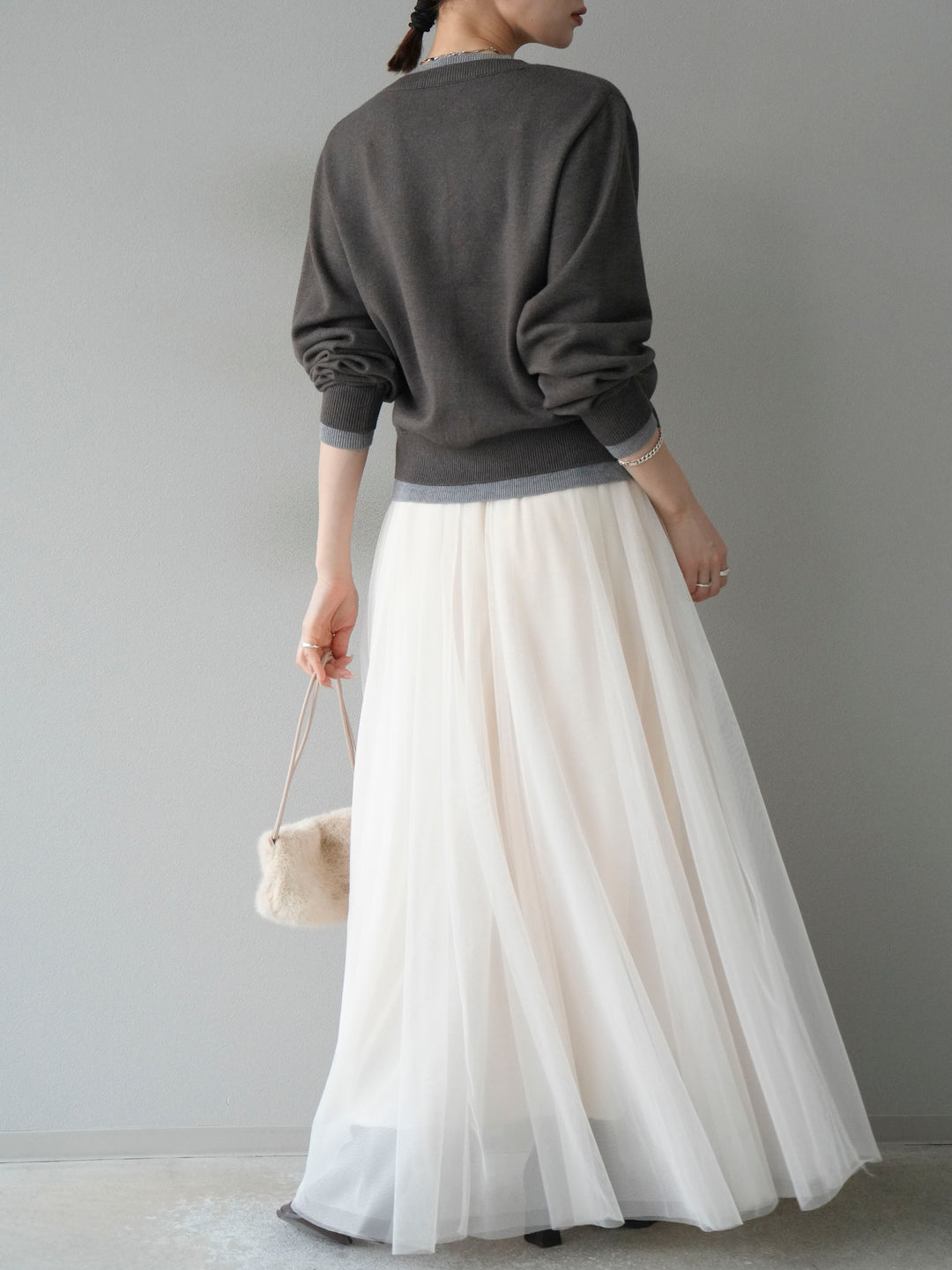 [SET]配色レイヤードカーディガン+チュールボリュームスカート(2set)