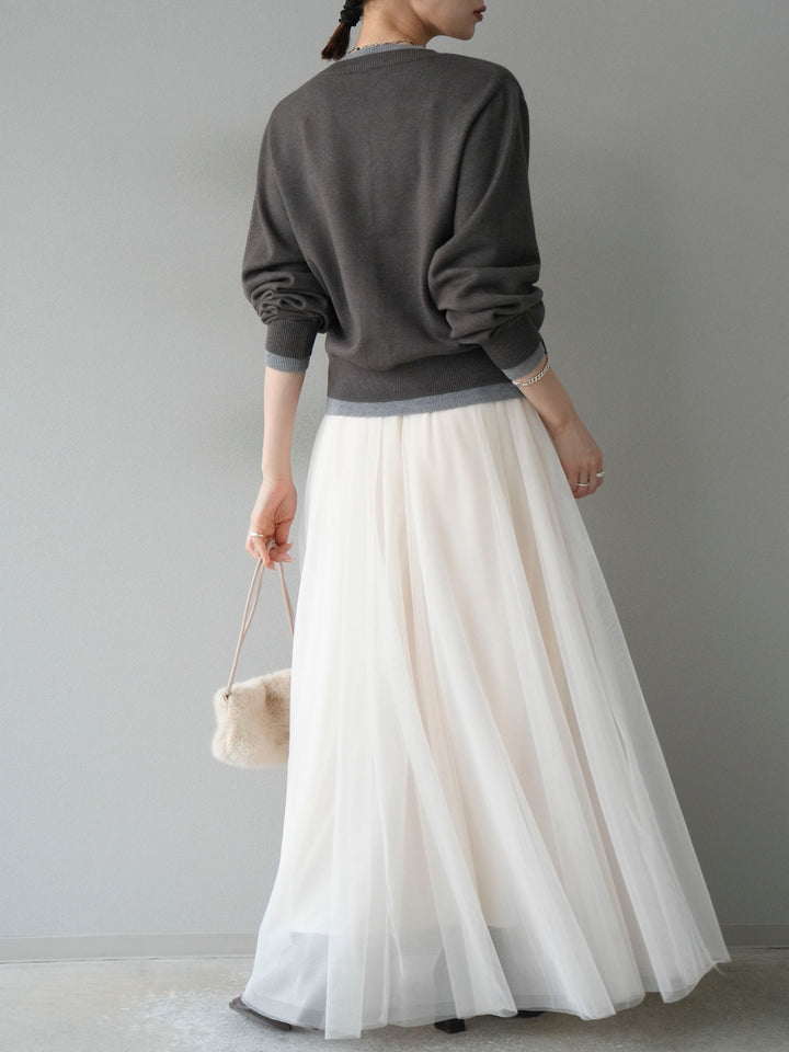 [SET]配色レイヤードカーディガン+チュールボリュームスカート(2set)