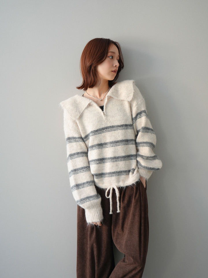 [SET]ハーフジップボーダーニットプルオーバー+コーデュロイサイドタックコクーンパンツ(2set)