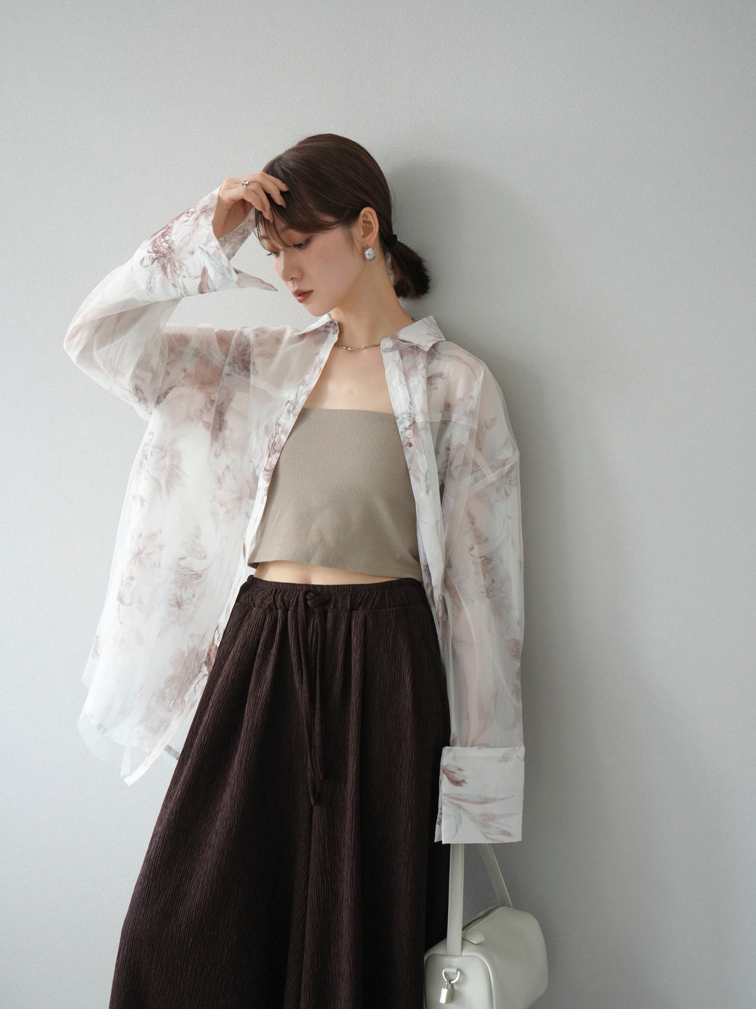 [予約]チュールドッキングフラワー柄オーバーサイズシャツ/オフ