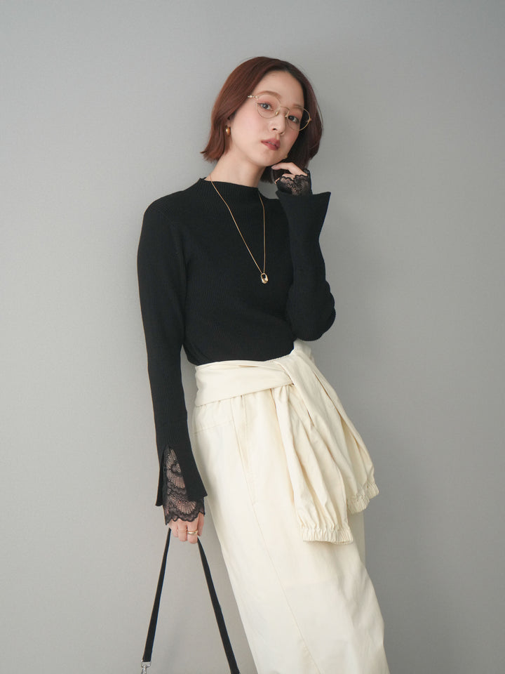 [SET]袖スカラップレースオフネックニットトップス+ウエスト巻きデザインドロストコットンナイロンパンツ(2set)