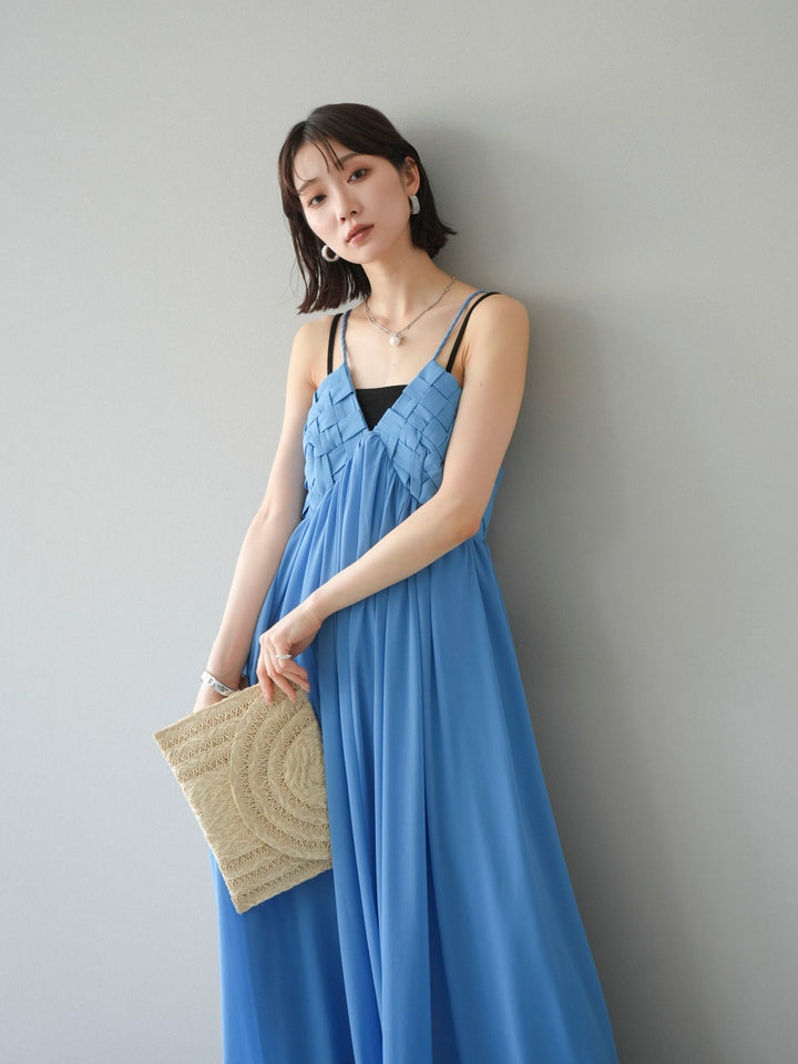 [SET]編み込みデザインシフォンワンピース+カップ付テレコリブベアキャミソール(2set)