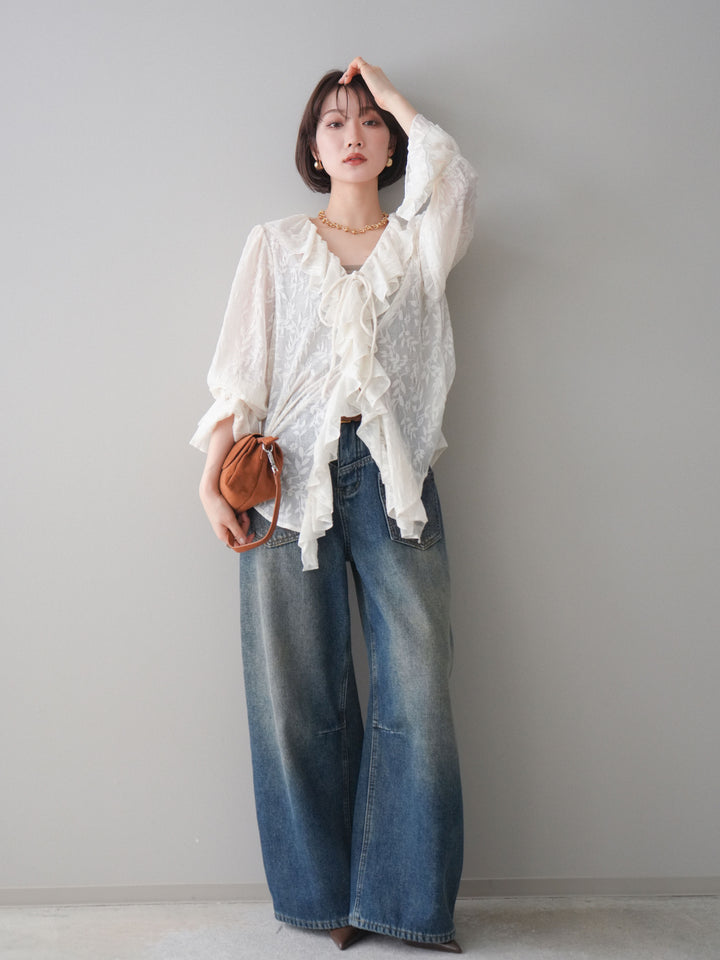 [予約]ラッフルレーススリットブラウス/ivory