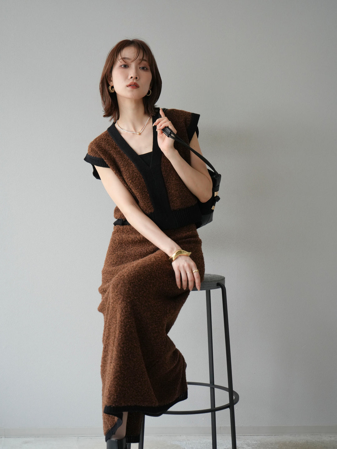 [予約]ブークレバイカラータイトニットスカート/ブラウン