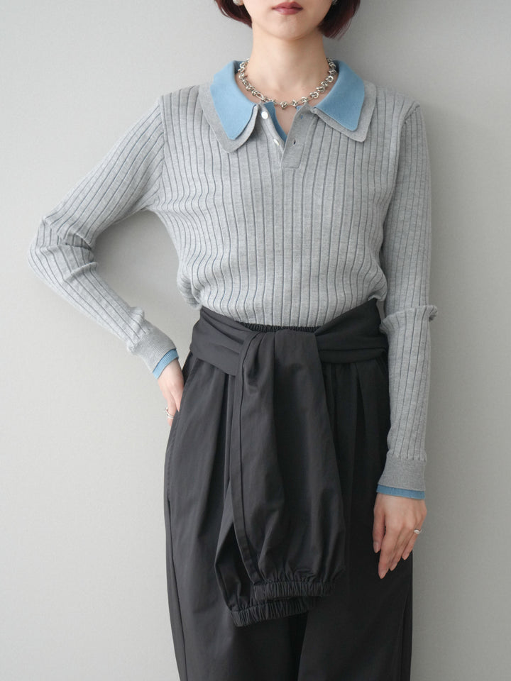 [SET]ダブル襟ポロリブニットトップス+選べるアクセセット(2set)