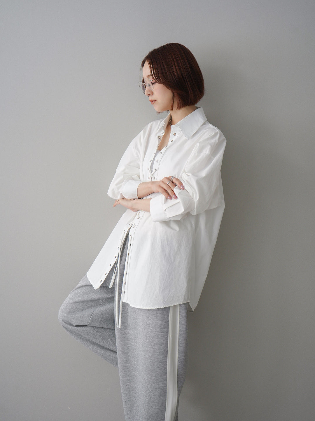 [SET]レースアップブロードシャツ+バイカラー異素材サイドラインライトポンチパンツ(2set)