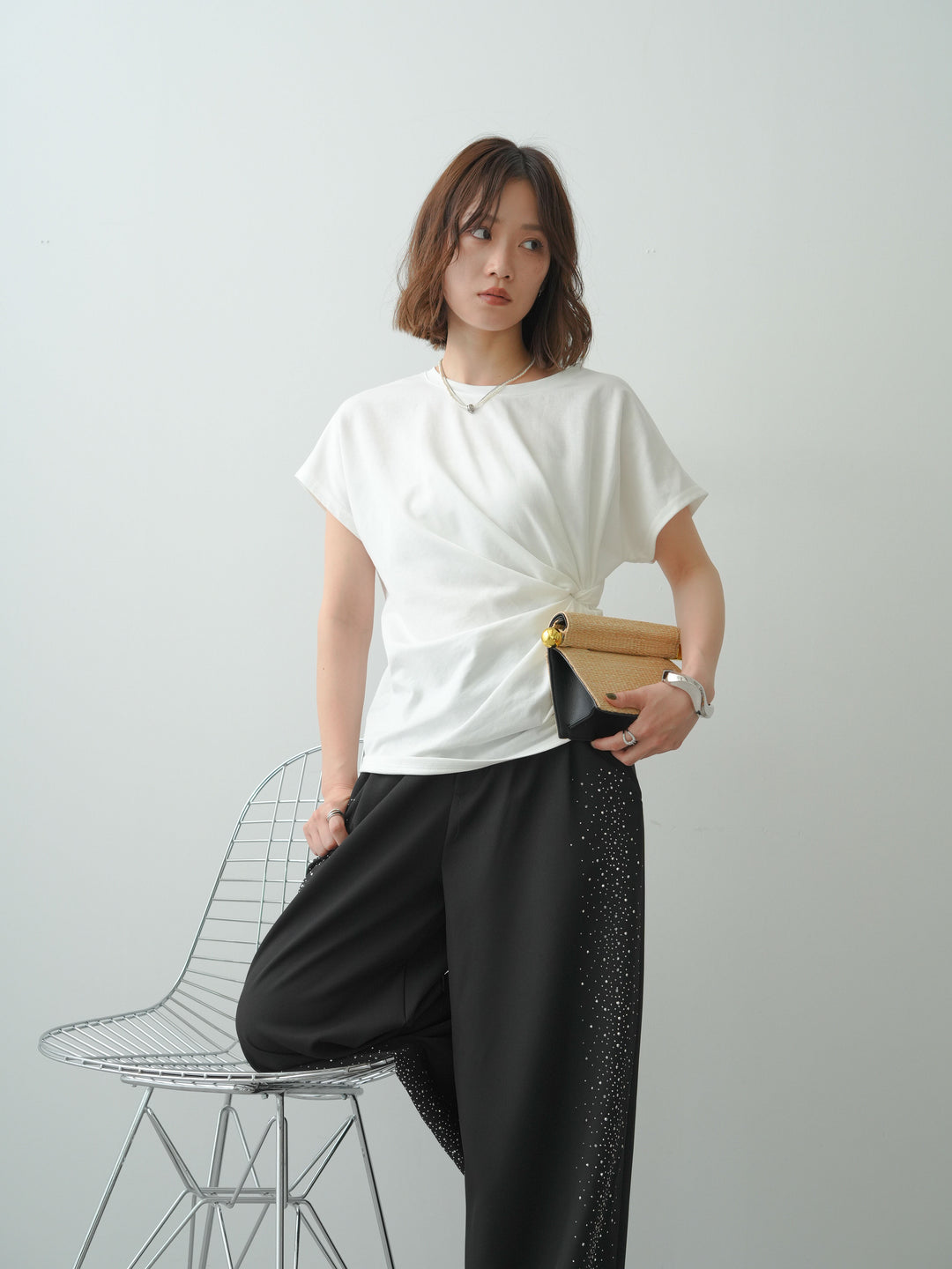 [SET]サイドノットTEE+ポーチベルト付サイドビジュータックワイドパンツ(2set)