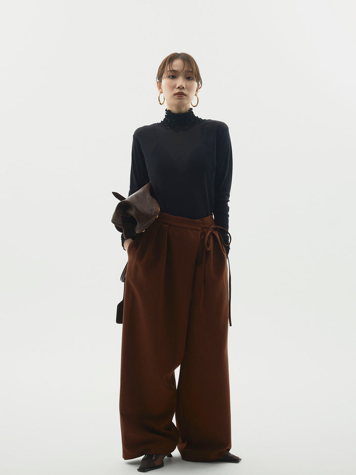 【Allure】[SET]シアーフリルメロートップス+ラップデザインタックワイドパンツ(2set)