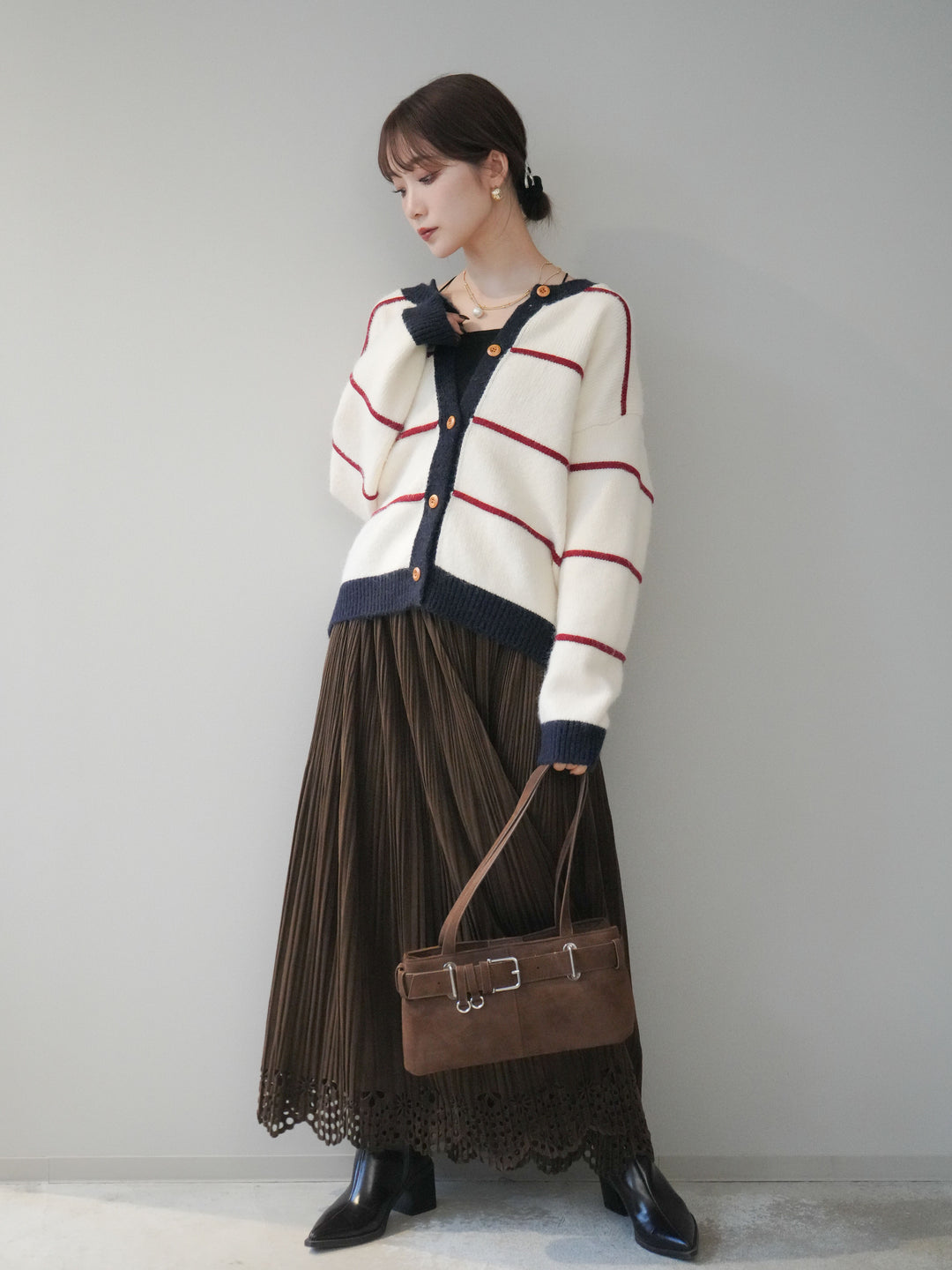 [予約]パンチングデザインスエードプリーツスカート/brown