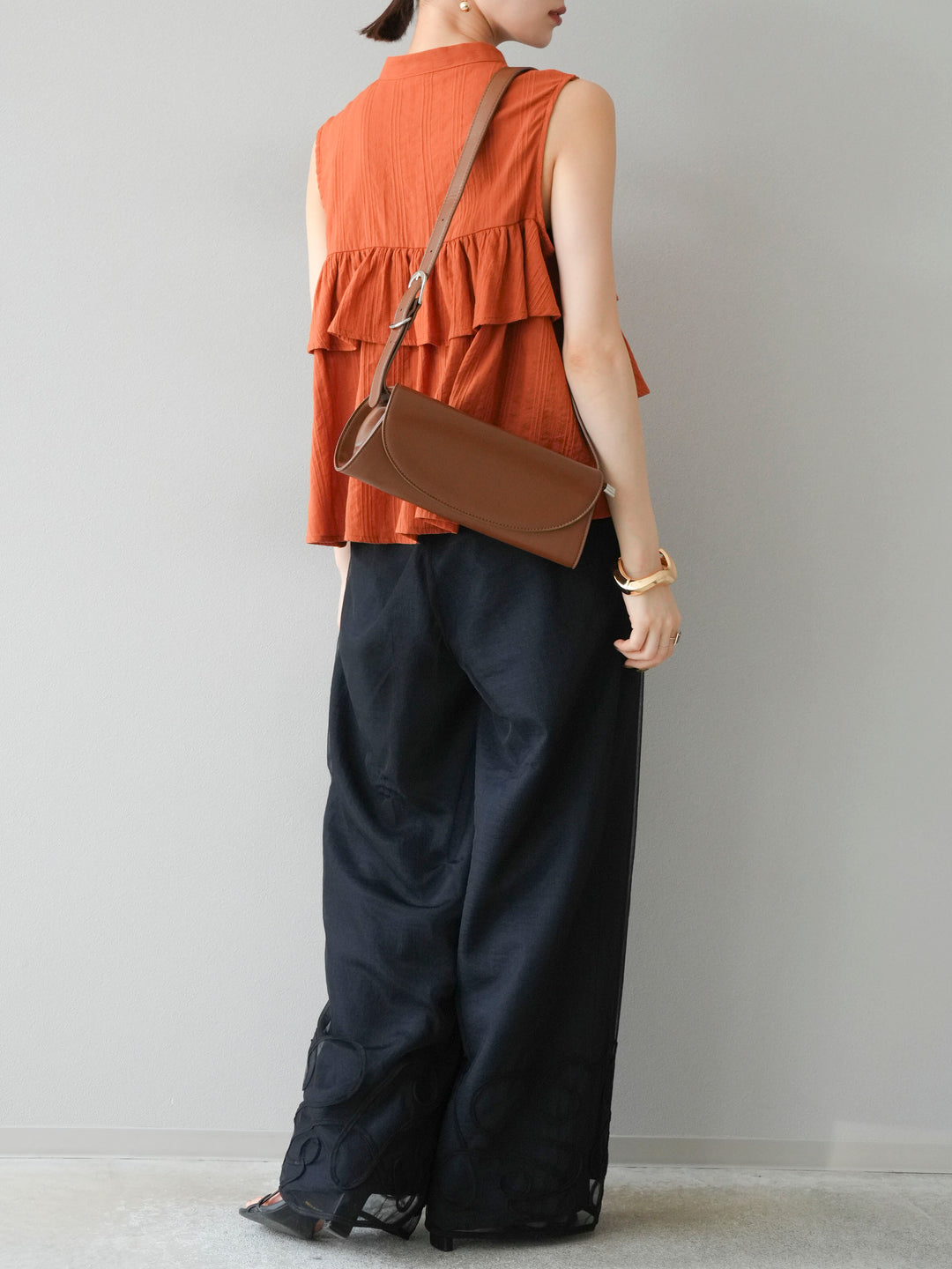 [SET]ドビーストライプアシンメトリーフリルノースリブラウス+リネンライクイージーワイドパンツ(2set)