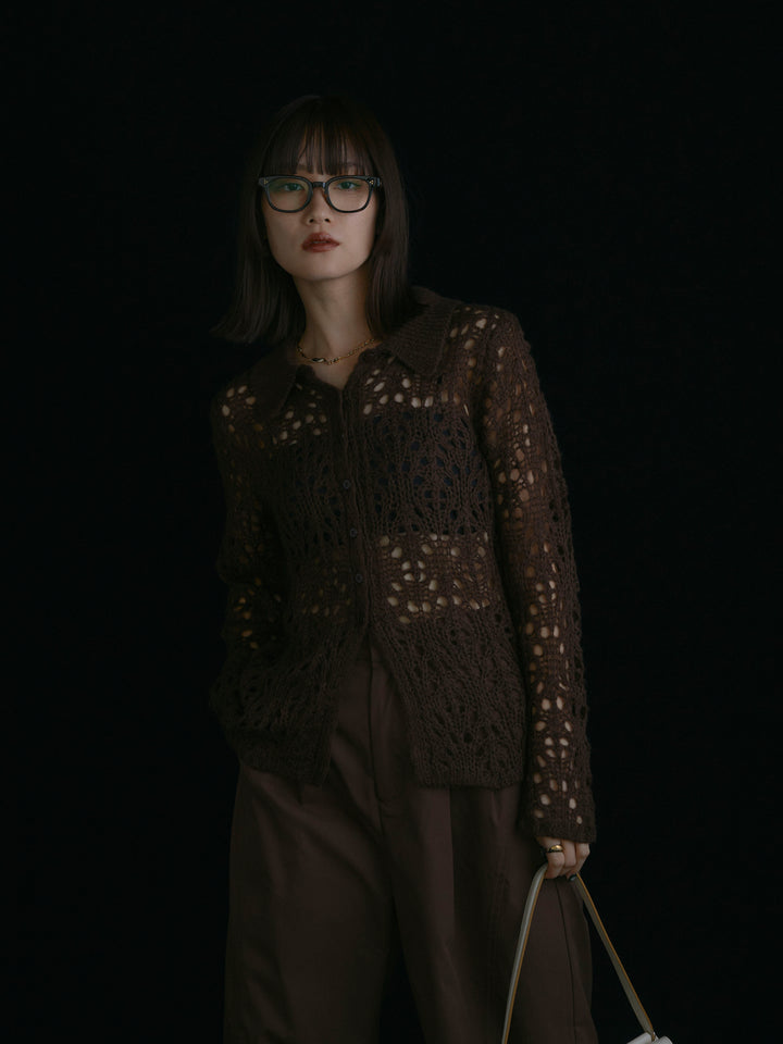 【Allure】[SET]ローゲージ透かし編みポロニッカーディガン+ローゲージ透かし編みポロニッカーディガン(2set)