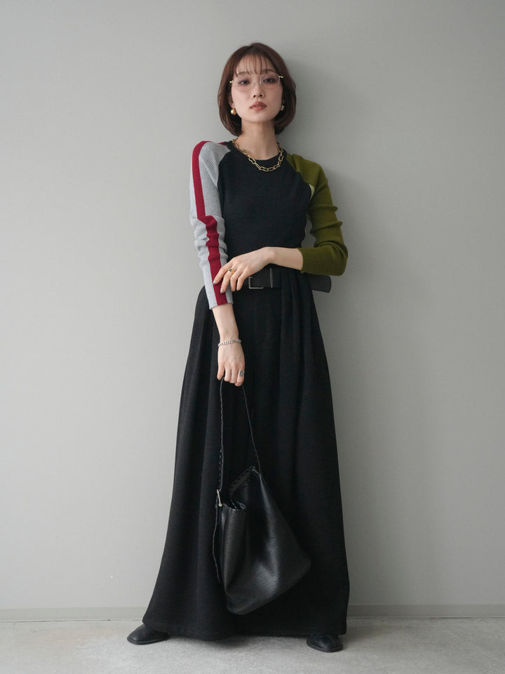 [SET]バイカラーラグランニットトップス+ベルトデザインループウールワイドパンツ(ベルト付)(2set)