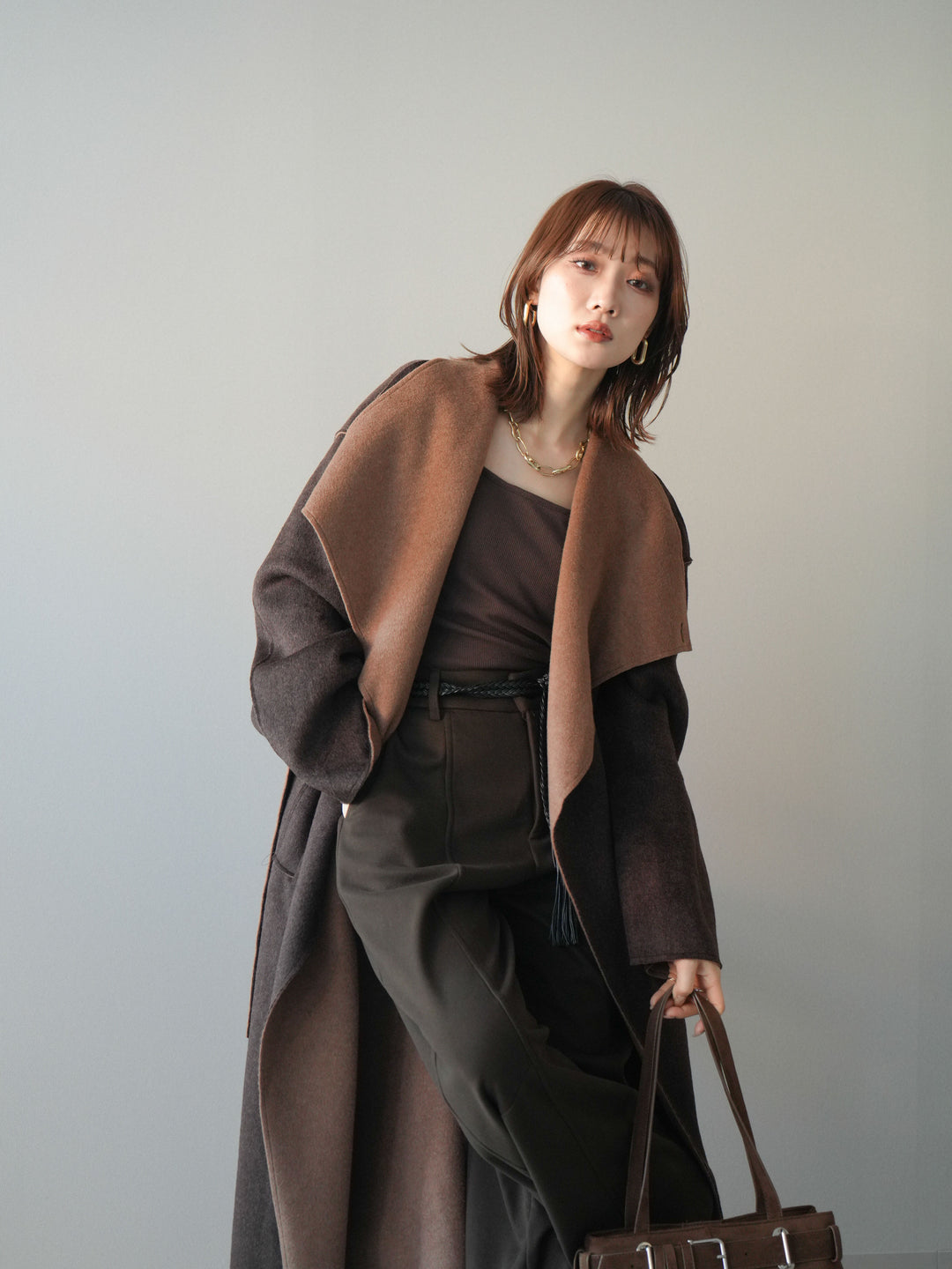 [予約]ダブルフェイスバイカラーロングコート/brown