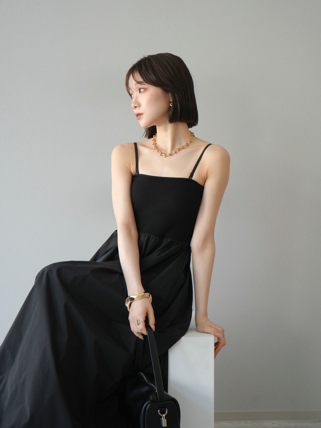 [予約]異素材ドッキングカップ付ベアキャミバルーンワンピース/ブラックブラック