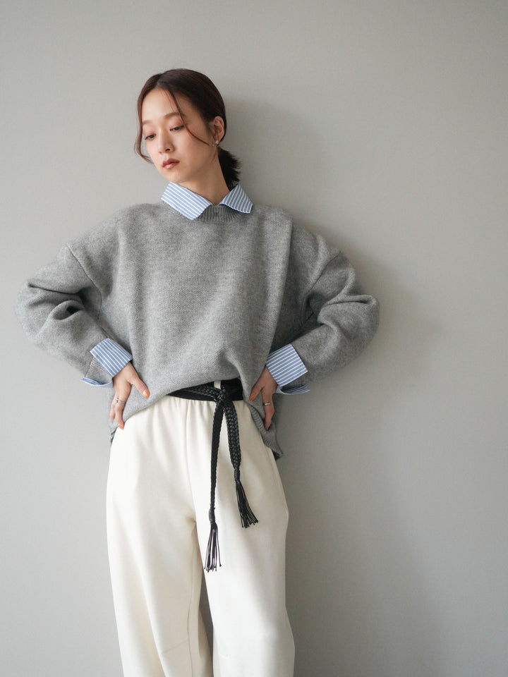 [SET]2WAYストライプ襟ニットプルオーバー+編み込みベルト付きウエスト配色スエットパンツ(2set)