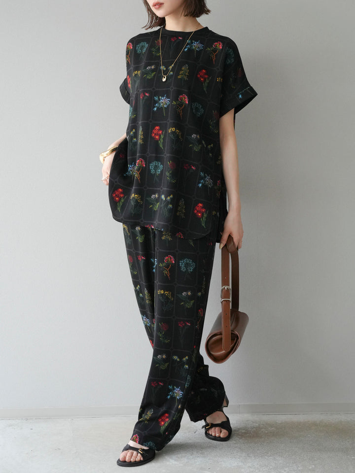 [予約]パッチワークフラワープリントイージーパンツ/ブラック