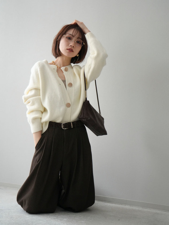 [SET]BIGボタンニットカーディガン+アニマル柄ベルト付きウールタッチワイドパンツ(2set)