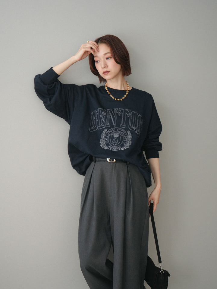 [SET]カレッジロゴ刺繍BIGスウェットプルオーバー+サテンベルトタックワイドパンツ(2set)