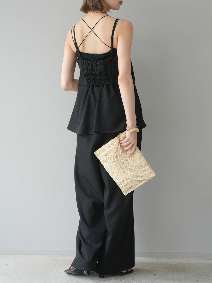 [預購] 亞麻觸感多層吊帶連身衣/黑色