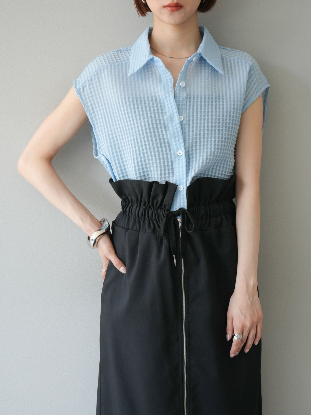 [SET]シアーチェックノースリーブシャツ+ヘザーエステルギャザージップスカート(2set)