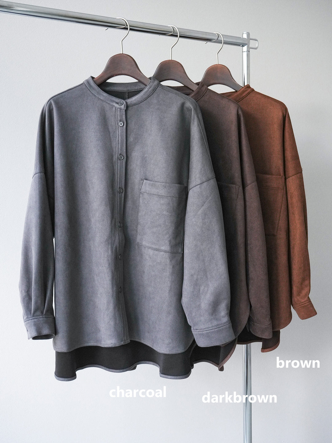 [SET]スエードバンドカラーオーバーシャツ+アンティーク柄フロッキーマキシスカート(2set)