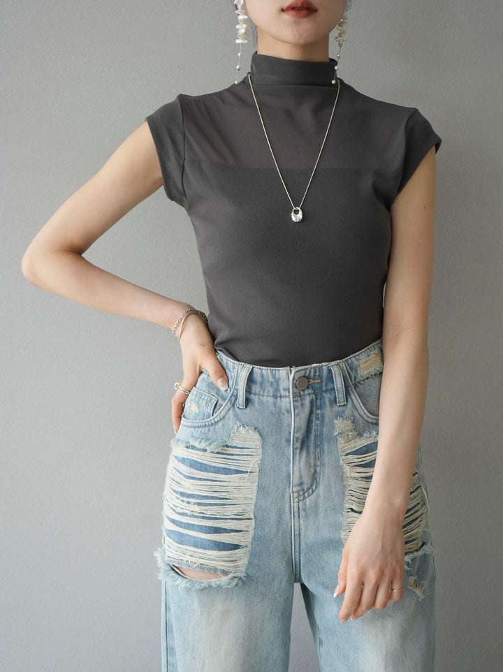 [Pre-order] Sheer switching stretch top/charcoal