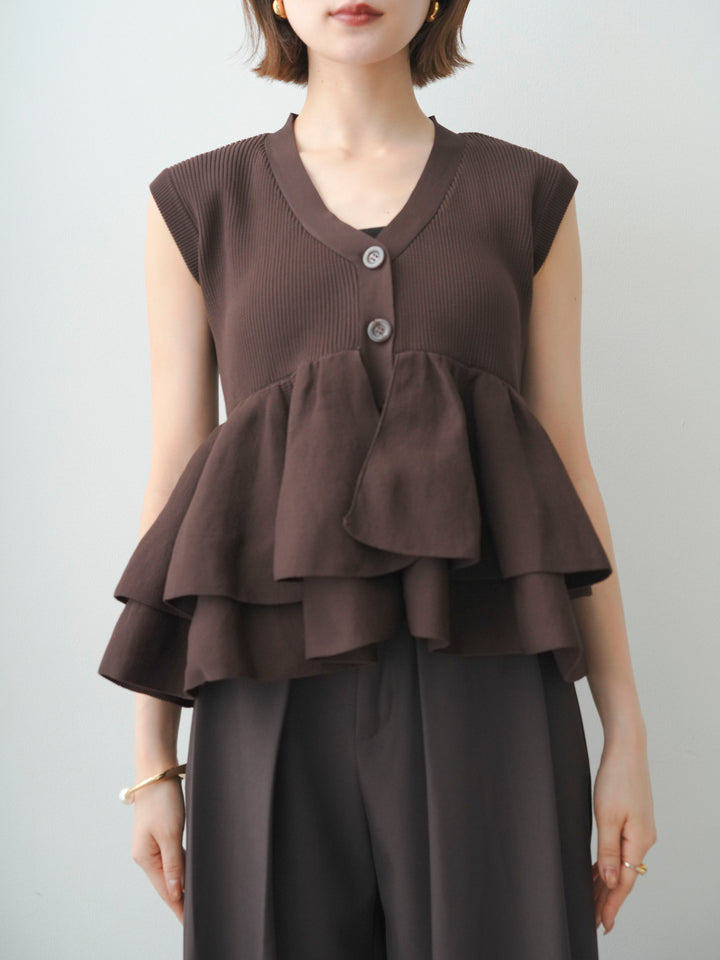 [予約]ダブルフリルペプラムノースリニットトップス/brown