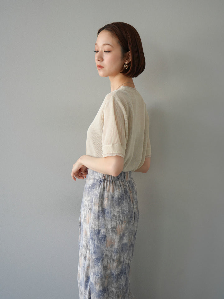 [SET]リネンタッチ配色二重臼ハーフニットトップス+選べるアソート柄スカートセット(2set)