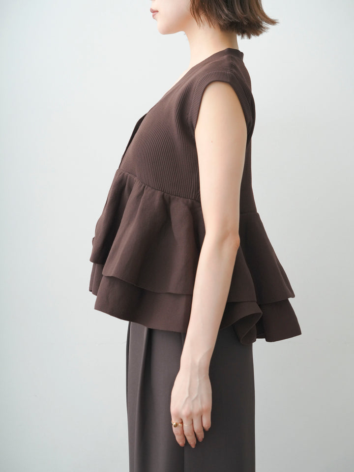 [予約]ダブルフリルペプラムノースリニットトップス/brown