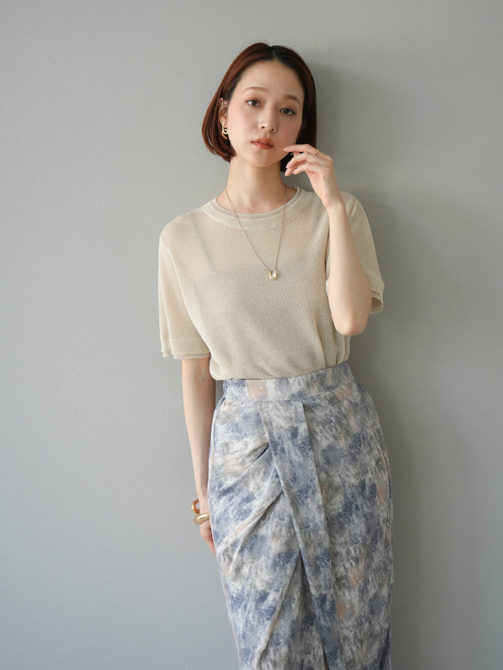 [SET]リネンタッチ配色二重臼ハーフニットトップス+選べるアソート柄スカートセット(2set)