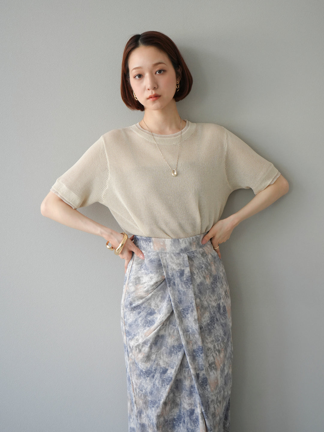 [SET]リネンタッチ配色二重臼ハーフニットトップス+選べるアソート柄スカートセット(2set)