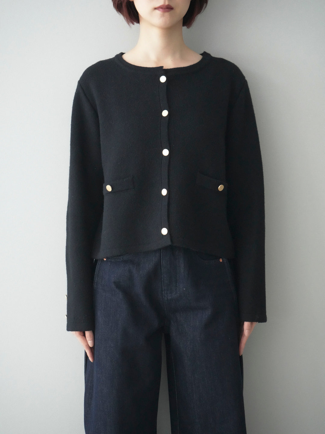 [予約]ゴールドボタンノーカラーニットジャケット/black