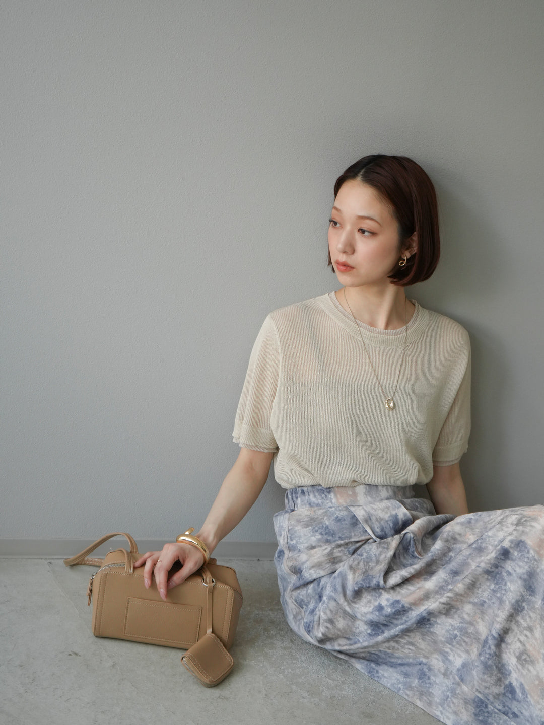 [SET]リネンタッチ配色二重臼ハーフニットトップス+選べるアソート柄スカートセット(2set)