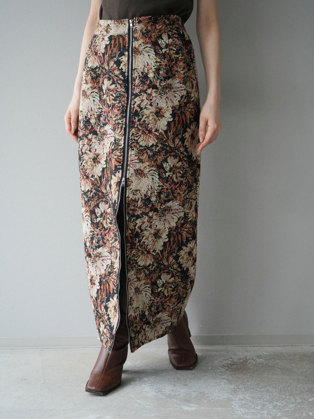 [予約]ゴブランフロントジップタイトスカート/ベージュ