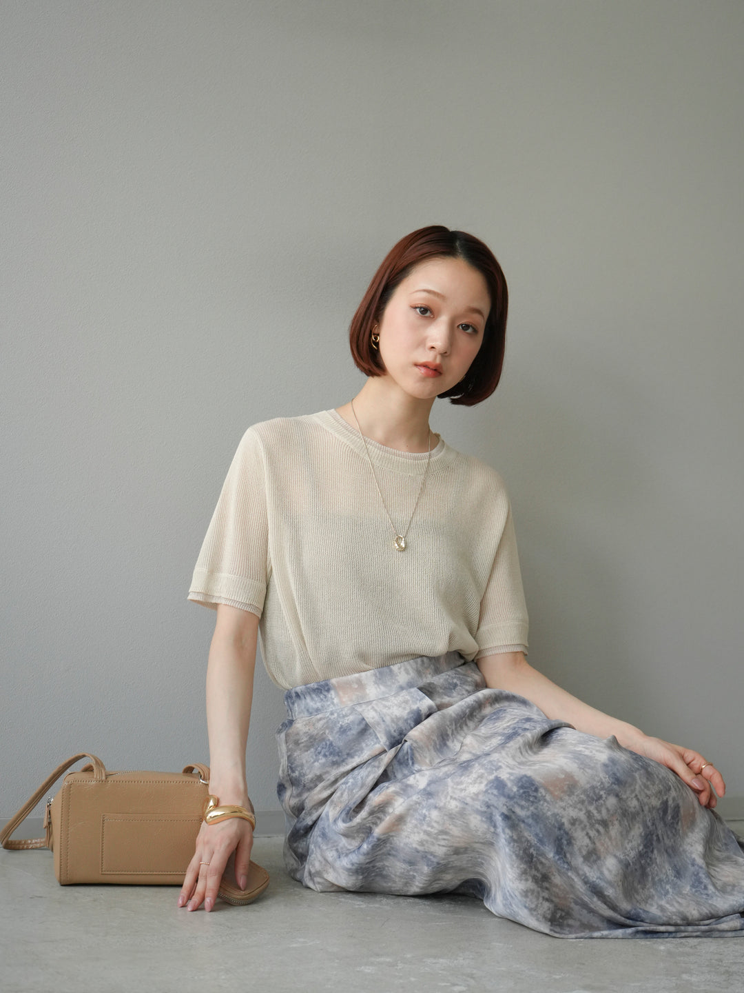 [SET]リネンタッチ配色二重臼ハーフニットトップス+選べるアソート柄スカートセット(2set)