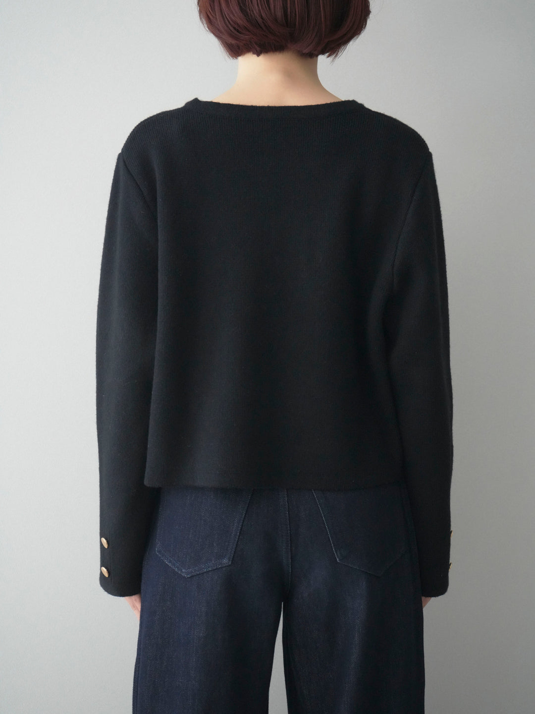 [予約]ゴールドボタンノーカラーニットジャケット/black