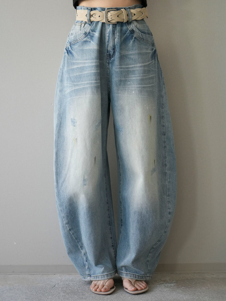 [予約]ベルト付ペイント加工カーブデニムパンツ/lightblue