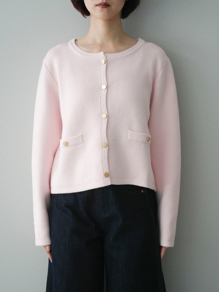 [予約]ゴールドボタンノーカラーニットジャケット/pink