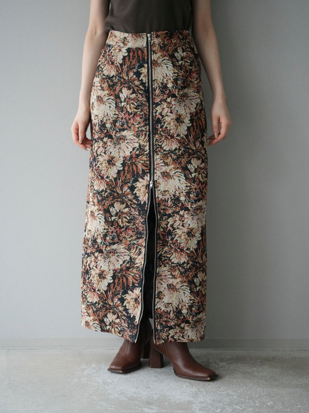 [予約]ゴブランフロントジップタイトスカート/ベージュ