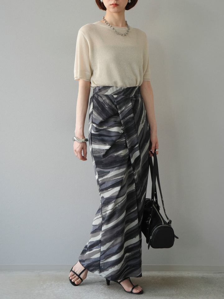 [SET]リネンタッチ配色二重臼ハーフニットトップス+選べるアソート柄スカートセット(2set)